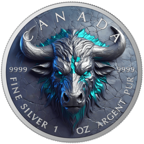 Front of 2025 Canada Maple Leaf Stone Zodiac Taurus 1 oz Silver Colorized Coin