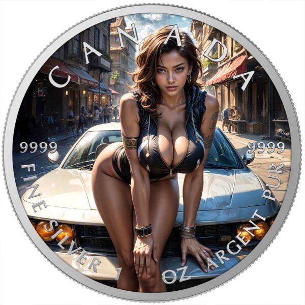 Front of 2025 Canada Maple Leaf Need A Ride 1 oz Silver Colorized Coin