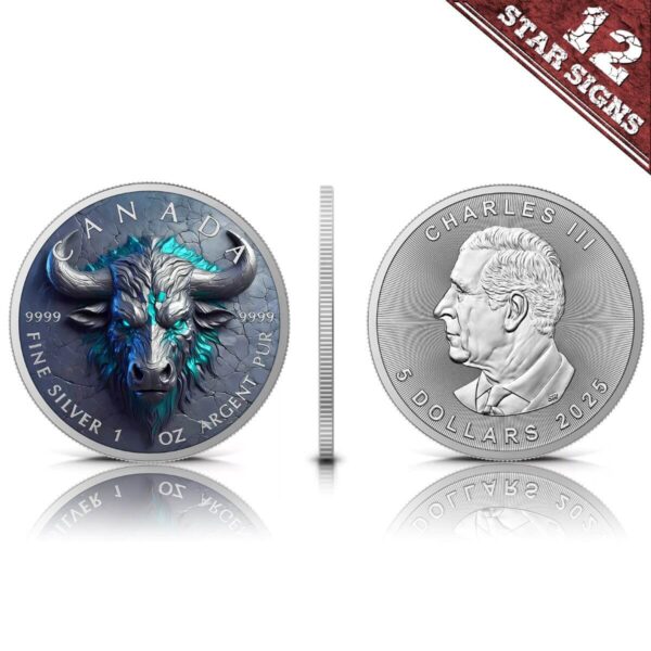Front and Back of 2025 Canada Maple Leaf Stone Zodiac Taurus 1 oz Silver Colorized Coin