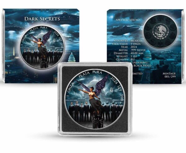 All packaging for the 2024 Mexico Libertad Black Hologram Dark Secrets 1 oz Silver Colorized Coin