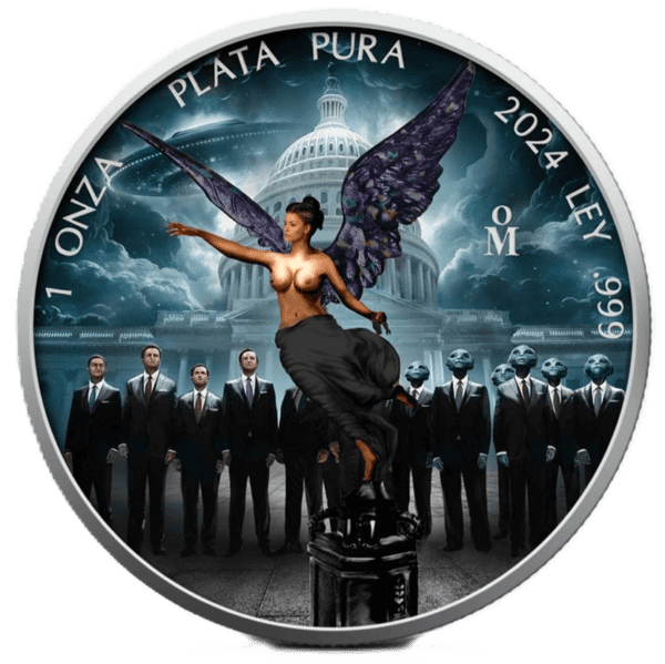 Front of the 2024 Mexico Libertad Black Hologram Dark Secrets 1 oz Silver Colorized Coin