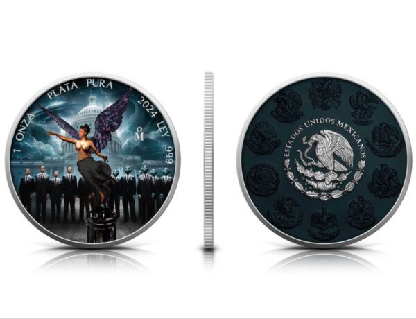 Front and back of the 2024 Mexico Libertad Black Hologram Dark Secrets 1 oz Silver Colorized Coin