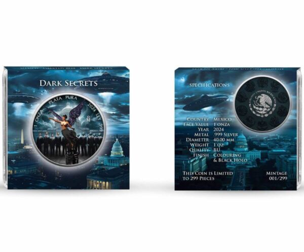 Packaging for the 2024 Mexico Libertad Black Hologram Dark Secrets 1 oz Silver Colorized Coin