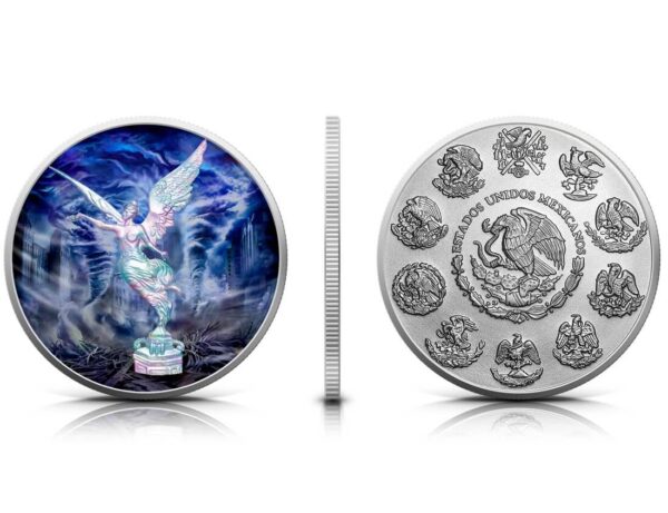 Front and back of the 2024 Mexico Libertad "Air" 1 oz Silver Colorized Coin from the Forces of Nature series, featuring vibrant metallic colors and holographic effects.