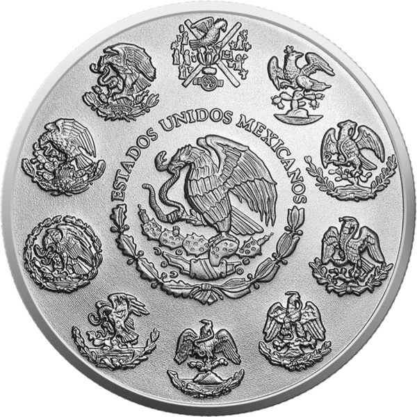 Back of the 2024 Mexico Libertad "Air" 1 oz silver coin featuring the Mexican national coat of arms surrounded by historic emblems, with subtle colorized and UV-reactive air-themed accents.