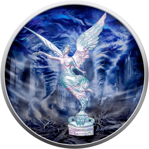 Front of the 2024 Mexico Libertad "Air" 1 oz silver coin from the Forces of Nature series, featuring a colorized Winged Victory surrounded by swirling air currents, clouds, and holographic accents.