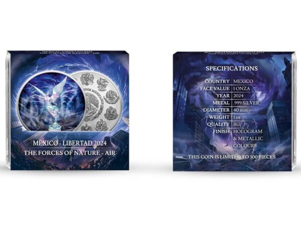 Front and back of the 2024 Mexico Libertad "Air" 1 oz Silver Coin packaging, featuring a custom-designed sleeve with elemental air motifs and detailed specifications.