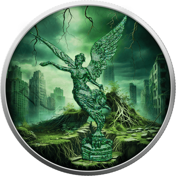 Front of the 2024 Mexico Libertad "Earth" 1 oz Silver Colorized Coin, featuring Winged Victory with rich green and brown holographic enhancements symbolizing the element of earth.