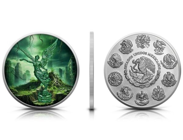 Front and back of the 2024 Mexico Libertad "Earth" 1 oz Silver Colorized Coin, featuring Winged Victory with earthy green and brown tones and the Mexican coat of arms surrounded by historical emblems.
