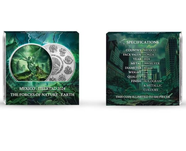 Packaging of the 2024 Mexico Libertad "Earth" 1 oz Silver Colorized Coin, including a Quadrum capsule and a custom-designed sleeve with earthy green and brown elemental artwork.