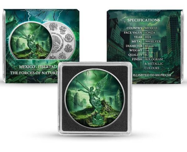 Complete packaging of the 2024 Mexico Libertad "Earth" 1 oz Silver Colorized Coin, including the coin in a Quadrum capsule, a custom-designed elemental sleeve, and detailed specifications.