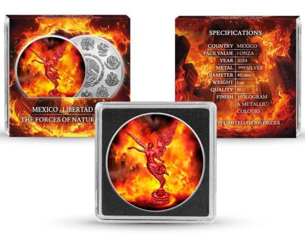 Complete packaging of the 2024 Mexico Libertad "Fire" 1 oz Silver Colorized Coin, including the coin in a Quadrum capsule, a custom-designed elemental sleeve, and detailed specifications insert.