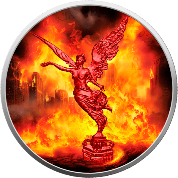 Front of the 2024 Mexico Libertad "Fire" 1 oz Silver Colorized Coin, featuring Winged Victory with vivid red, orange, and gold holographic flames representing the element of fire.