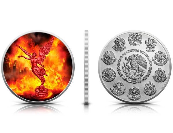 Front and back of the 2024 Mexico Libertad "Fire" 1 oz Silver Colorized Coin, featuring Winged Victory with fiery holographic effects and the Mexican coat of arms surrounded by historical emblems.