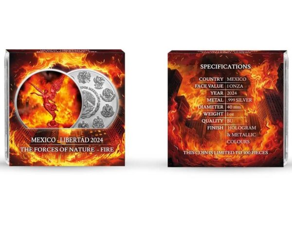 Packaging of the 2024 Mexico Libertad "Fire" 1 oz Silver Colorized Coin, including a Quadrum capsule and a custom-designed sleeve with fiery red and orange elemental artwork.