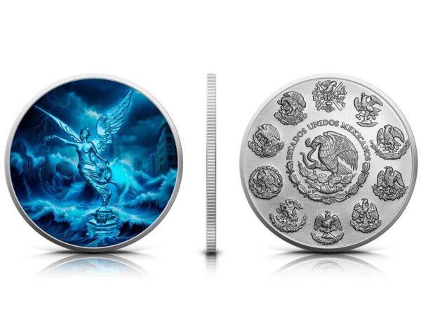 Front and back of the 2024 Mexico Libertad "Water" 1 oz Silver Colorized Coin, featuring Winged Victory with flowing blue holographic effects and the Mexican coat of arms surrounded by historical emblems.
