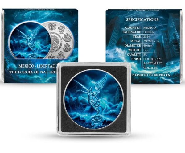 Complete packaging of the 2024 Mexico Libertad "Water" 1 oz Silver Colorized Coin, including the coin in a Quadrum capsule, a custom-designed sleeve with flowing blue and aqua artwork, and detailed specifications.
