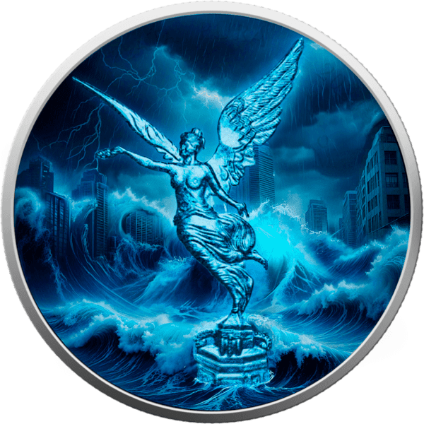 Front of the 2024 Mexico Libertad "Water" 1 oz Silver Colorized Coin, featuring Winged Victory with flowing blue and aqua holographic enhancements symbolizing the element of water.