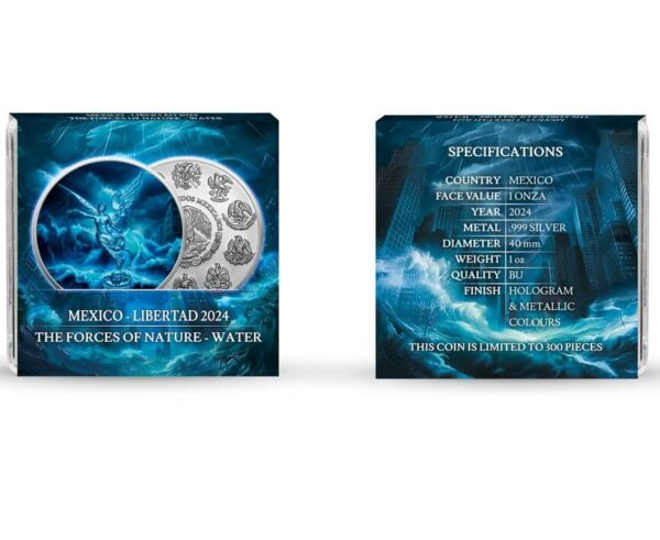 Packaging of the 2024 Mexico Libertad "Water" 1 oz Silver Colorized Coin, including a Quadrum capsule and a custom-designed sleeve with flowing blue and aqua elemental artwork.