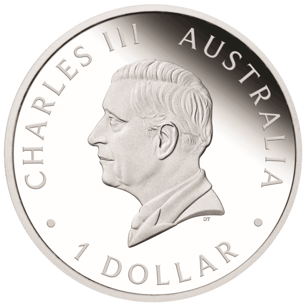 Obverse of the 2025 Australian Swan coin featuring King Charles III’s effigy with “CHARLES III,” “AUSTRALIA,” “1 DOLLAR,” and “2025” inscriptions.