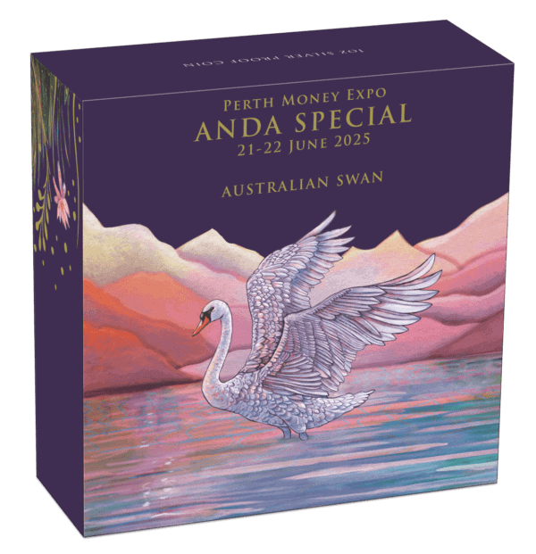 Presentation box for the 2025 Australian Swan coin featuring a classic display case with clear lid, illustrated shipper, and numbered Certificate of Authenticity.