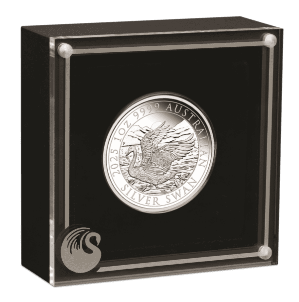 2025 Australian Swan silver proof coin in classic display case with clear lid, accompanied by illustrated shipper and numbered Certificate of Authenticity.