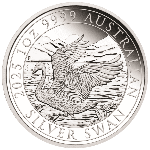 2025 Australian Swan silver proof coin featuring a swan gliding on water with lotus flowers, mountain backdrop, and sunset sky.