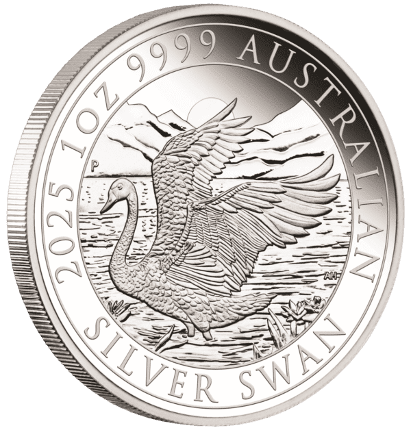 Side view of the 2025 Australian Swan silver proof coin in capsule, showing its thickness, reeded edge, and polished proof finish.