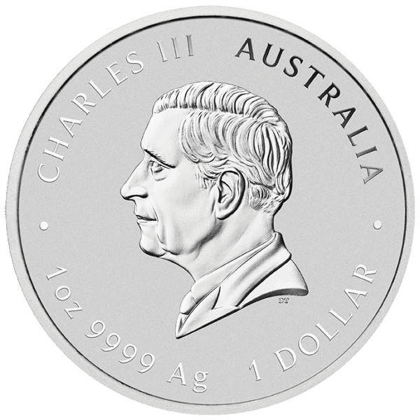 Reverse of the 2025 Australia Quokka 1 oz Silver Colorized Coin featuring profile portrait of King Charles III with inscriptions “CHARLES III AUSTRALIA” at top, “1oz 9999 Ag” on left, and “1 DOLLAR” on right over polished silver background.