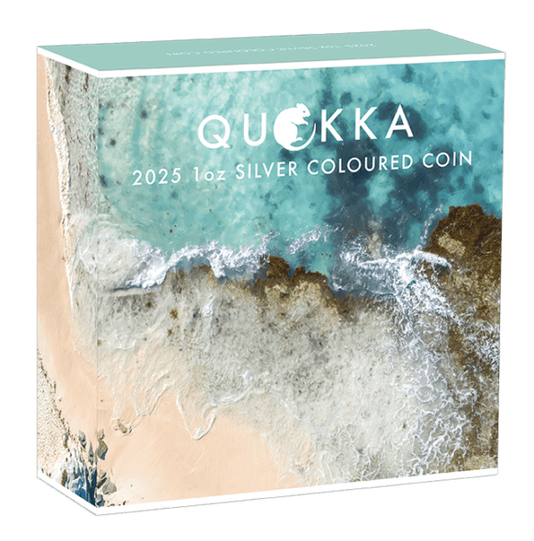 Retail box for the 2025 Australia Quokka 1 oz Silver Colorized Coin featuring aerial coastline artwork with water and sand, bold “QUOKKA” title across top, and inscription “2025 1oz SILVER COLOURED COIN".