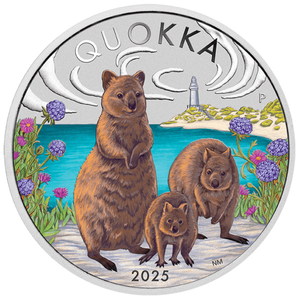 Colorized 2025 Australia 1 oz Silver Quokka Coin featuring an adult quokka and two juveniles in a coastal landscape with purple flowers, blue sky, and a lighthouse in the background; “QUOKKA” inscribed at top and “2025” at bottom.