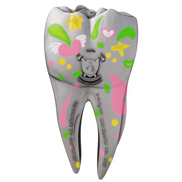 Reverse of the 2025 Cameroon Tooth Fairy 2 oz Silver Coin featuring the Tooth Fairy in high relief, surrounded by glowing petals, enchanted coins, and UV enamel accents.