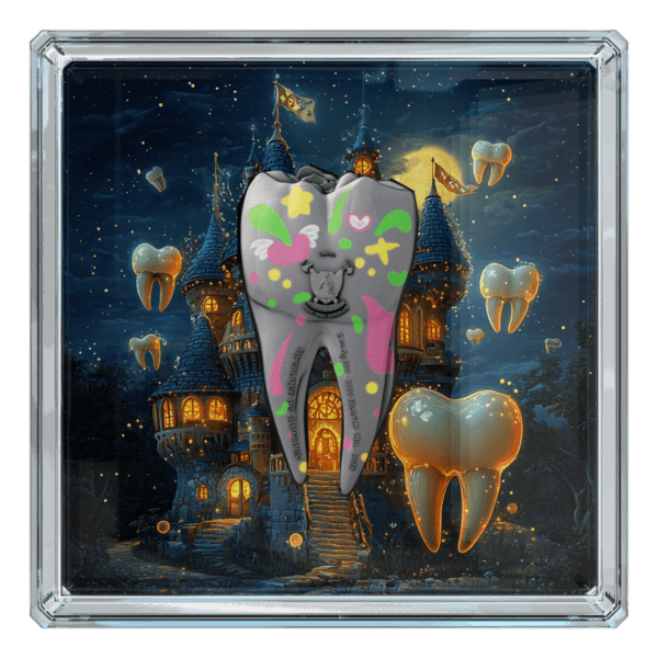Back display of the 2025 Cameroon Tooth Fairy 2 oz Silver Coin in presentation case, showing the high-relief Tooth Fairy design glowing with UV enamel, nestled in a custom box with Certificate of Authenticity