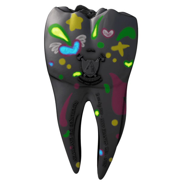 Glowing reverse of the 2025 Cameroon Tooth Fairy 2 oz Silver Coin showing the Tooth Fairy in high relief, surrounded by enchanted coins and petals illuminated by UV-reactive enamel.