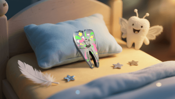 Back-facing social media image of the 2025 Cameroon Tooth Fairy 2 oz Silver Coin showing the Tooth Fairy in high relief with glowing UV enamel details, nestled in a fantasy-themed display box.