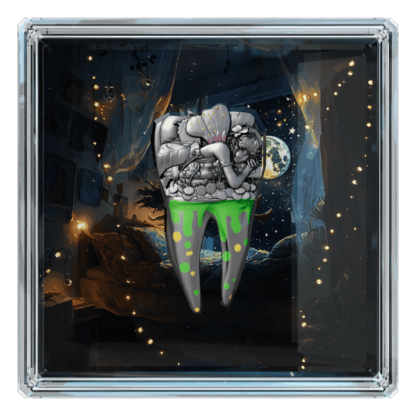 Front display of the 2025 Cameroon Tooth Fairy 2 oz Silver Coin in presentation case, showing the obverse with Cameroon’s coat of arms and antique finish, accompanied by Certificate of Authenticity.