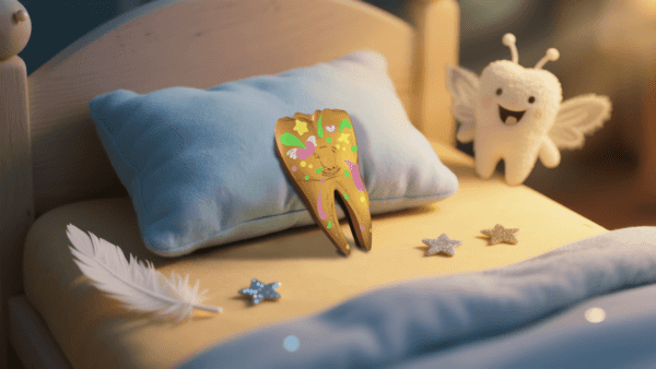 Back of the 2025 Cameroon Tooth Fairy 2 oz silver coin resting on a velvet pillow, displaying the Republic of Cameroon seal, denomination, and glowing UV fairy motifs.