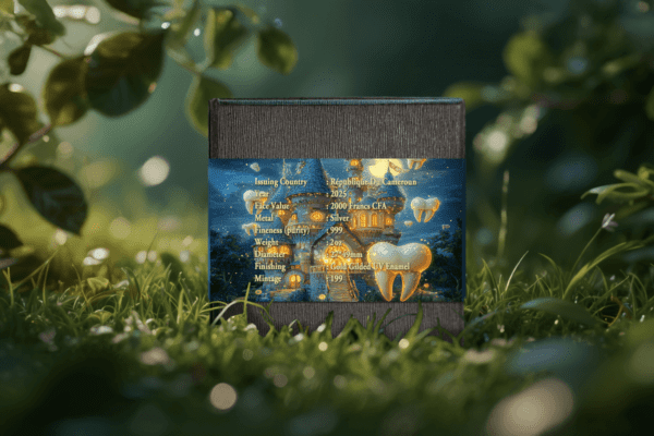 Back of the 2025 Cameroon Tooth Fairy Coin box featuring product specifications, a poetic description of the Fairy Kingdoms series, and glowing UV-reactive fairy motifs.