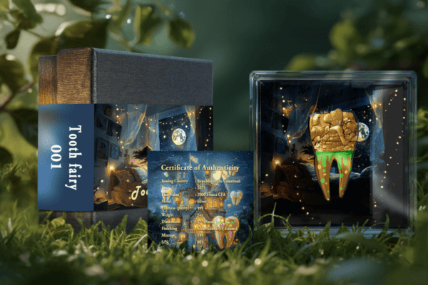 Complete packaging of the 2025 Cameroon Tooth Fairy 2 oz silver coin, including a themed outer box, velvet-lined display case, glowing UV elements, and a Certificate of Authenticity.
