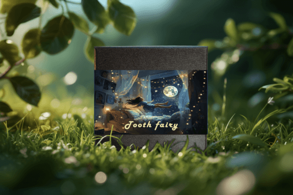 Front of the 2025 Cameroon Tooth Fairy Coin box featuring a magical nighttime forest scene, glowing UV fairy motifs, embossed gold lettering, and whimsical design elements.