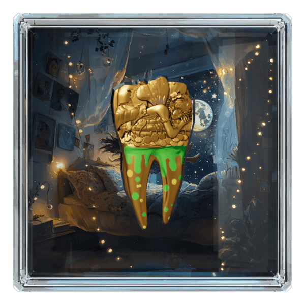 Front packaging of the 2025 Cameroon Tooth Fairy 2 oz silver coin, featuring a whimsical fairy tale design with glowing UV elements, embossed lettering, and a magical nighttime forest backdrop