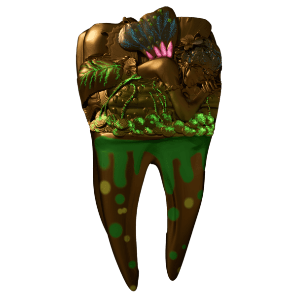 Front of the 2025 Cameroon Fairy Kingdoms Tooth Fairy 2 oz silver coin glowing under UV light, featuring a gilded Tooth Fairy surrounded by enchanted coins, glowing petals, and celestial motifs.