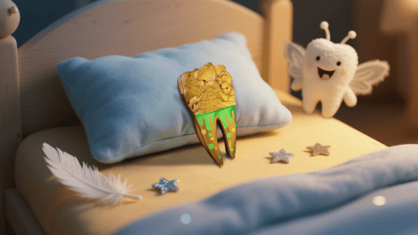 Front of the 2025 Cameroon Tooth Fairy 2 oz silver coin resting on a soft velvet pillow, showcasing its gilded fairy design and glowing UV enamel details.