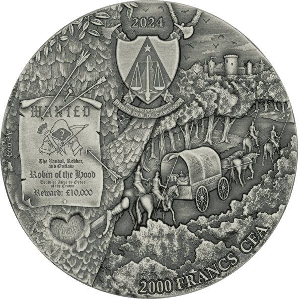Reverse of 2024 Robin of the Hood 2 oz Silver Coin showing Robin mid-leap with bow drawn, surrounded by autumn forest and soldiers