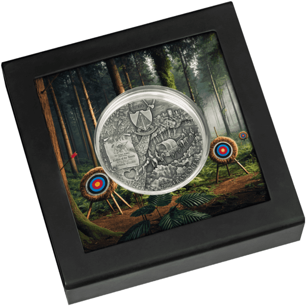 Back of closed packaging for 2024 Robin of the Hood 2 oz Silver Coin with Sherwood-themed design, Robin Hood silhouette, and series branding