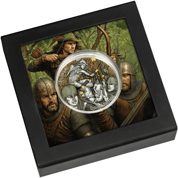 Front of closed packaging for 2024 Robin of the Hood 2 oz Silver Coin featuring Sherwood-themed design with Robin Hood silhouette and series branding
