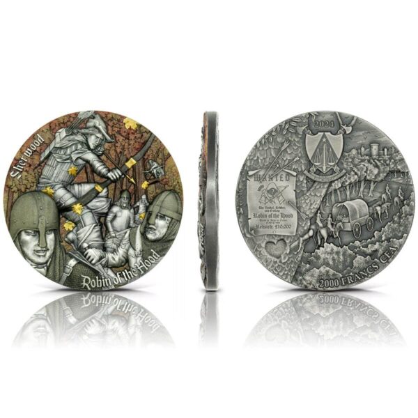 Obverse and reverse of 2024 Robin of the Hood 2 oz Silver Coin showing Cameroon coat of arms and Robin mid-leap in Sherwood Forest ambush