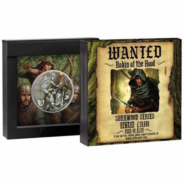 Front of open packaging for 2024 Robin of the Hood 2 oz Silver Coin showing coin in display frame with Sherwood-themed artwork and certificate