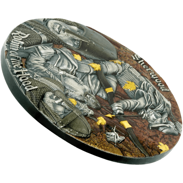 Edge of 2024 Robin of the Hood 2 oz Silver Coin showing reeded rim and thickness of high-relief strike
