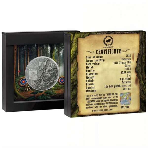 Back of open packaging for 2024 Robin of the Hood 2 oz Silver Coin showing Sherwood-themed design, product details, and mint insignia